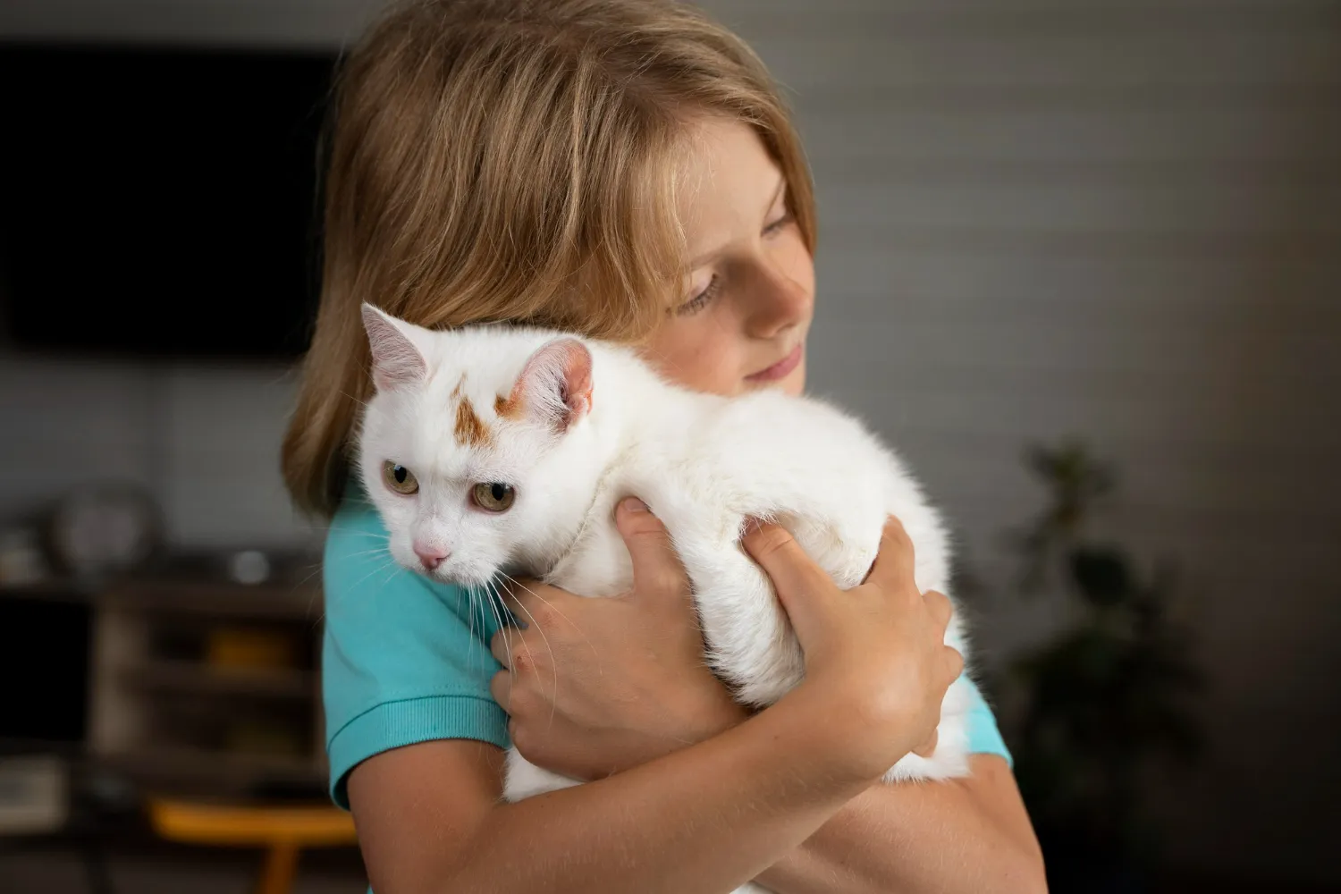 Child holding a cat closely, showing emotional connection and attachment to a family pet.